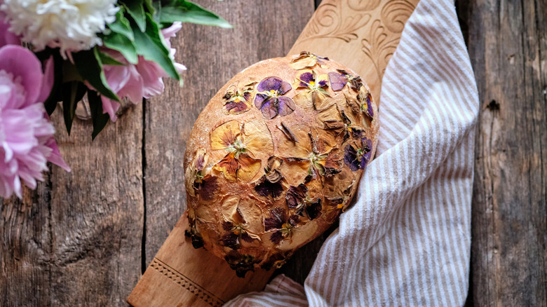 bread decorated with edible flowers