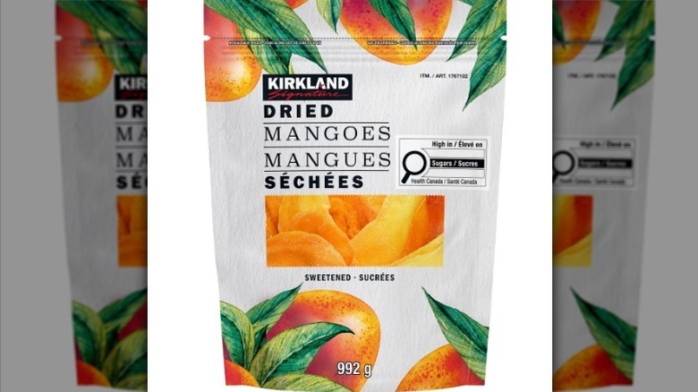 Kirkland dried mangoes on white background