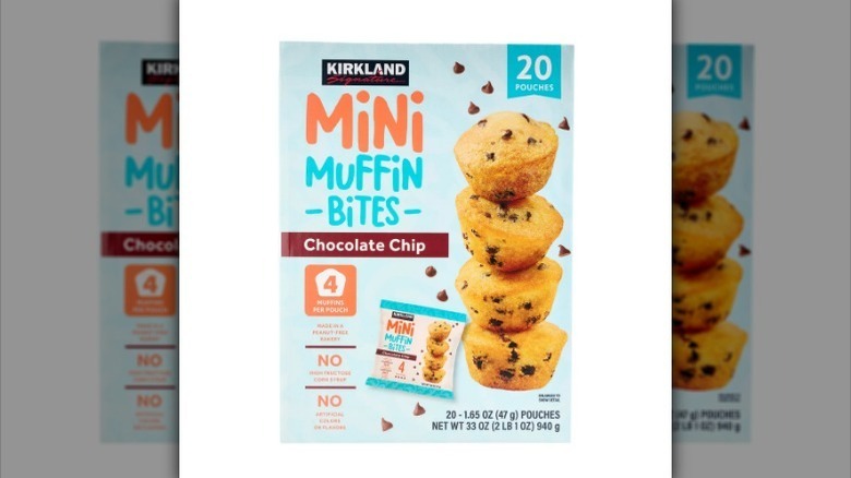 Kirkland mini muffins in pale blue package on white background