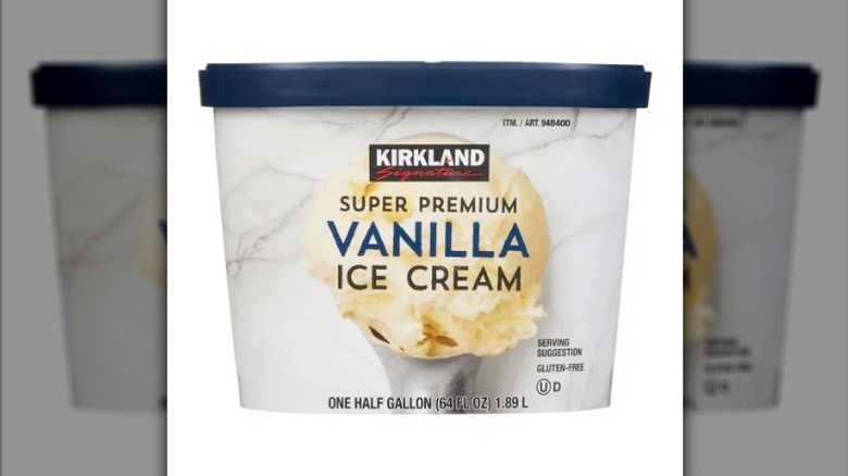 Kirkland super premium vanilla ice cream on white background