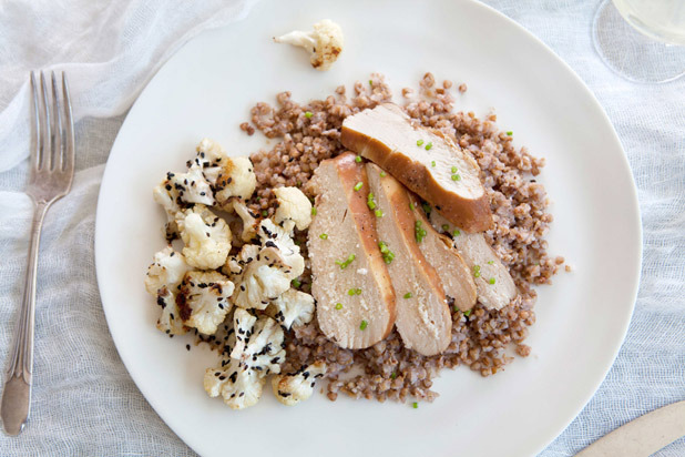 Plated — Soy-Poached Chicken with Sesame Cauliflower & Kasha
