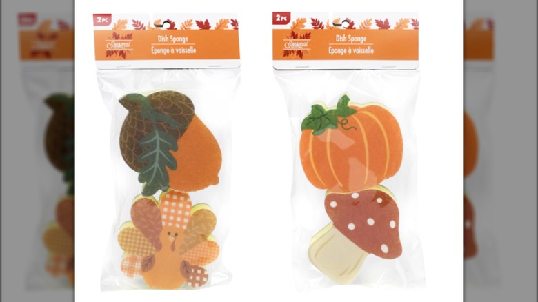 fall themed dish sponges in different shapes with white background