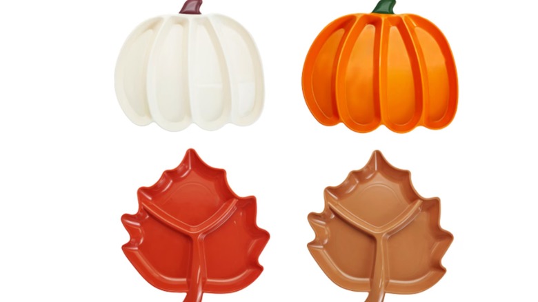fall-themed snacking trays in pumpkin and leaf shapes with white background