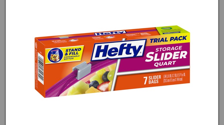 A box of Hefty OneZip Quart Storage Bags on a white background
