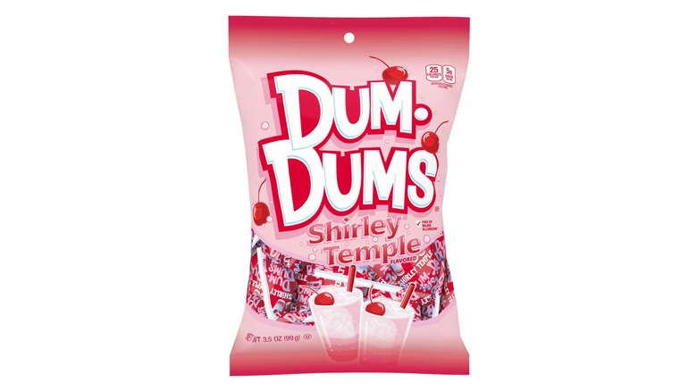 A bag of Dum Dums Shirley Temple Flavored Lollipops