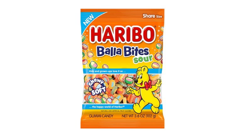 A bag of Haribo Balla Bites Chewy & Soft Sour Gummy Candy