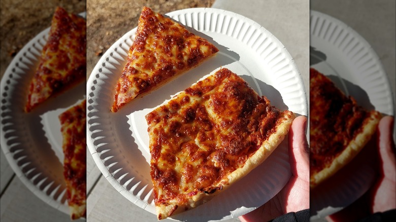 A slice of pizza on a paper plate, cut in half width wise