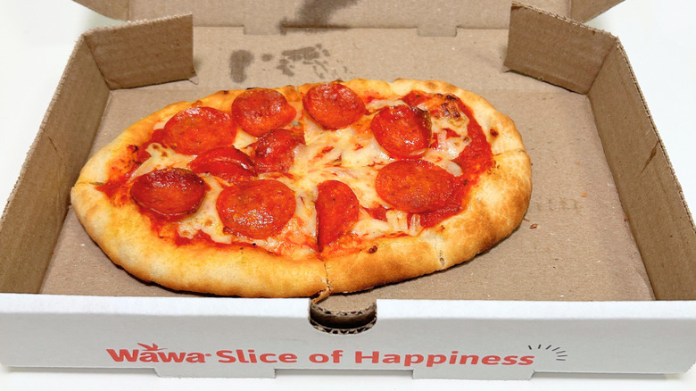 A Wawa Pepperoni Personal Pizza inside its to-go box