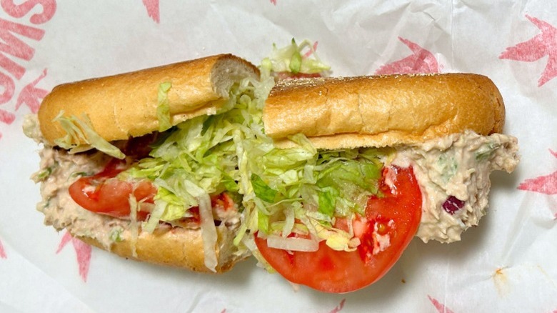 A Wawa Tuna Hoagie sandwich on a Wawa wrapper