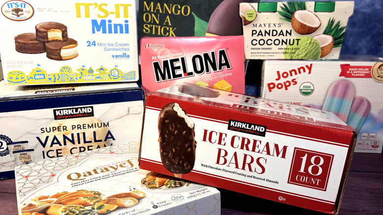 Various packages of frozen desserts