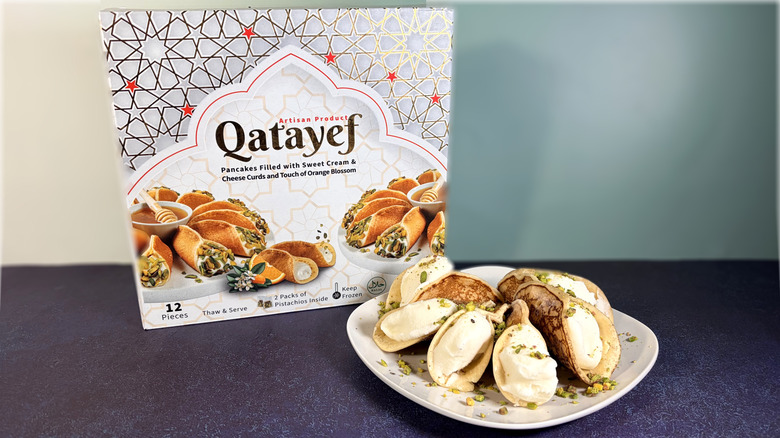 Plate of cream filled pancakes with package