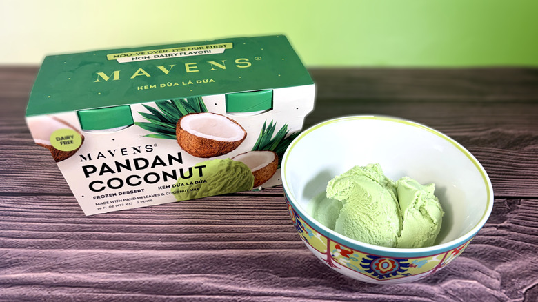 Frozen coconut cream dessert in bowl with package