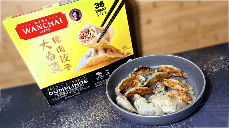 Plate of pork dumplings with package
