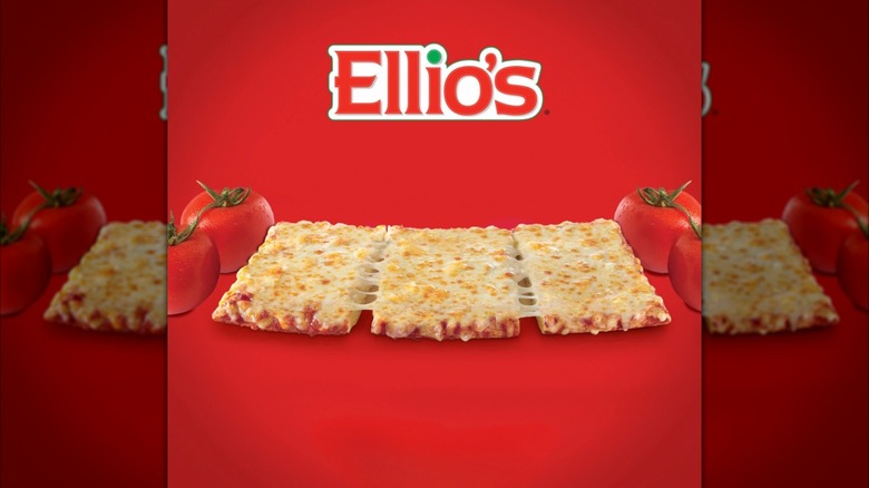 Three rectangular slices of Elio's cheese pizza