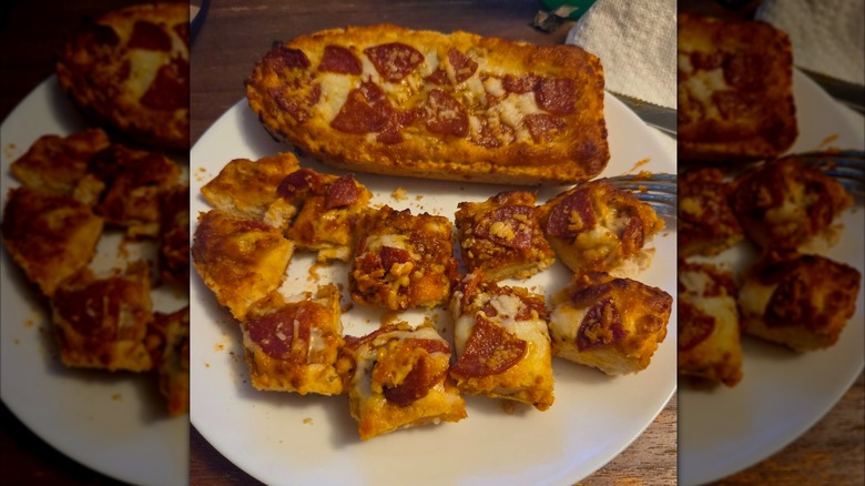 Stouffer's French loaf pizza cut into squares