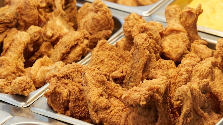 close-up of fried chicken in chafing dishes at parker's
