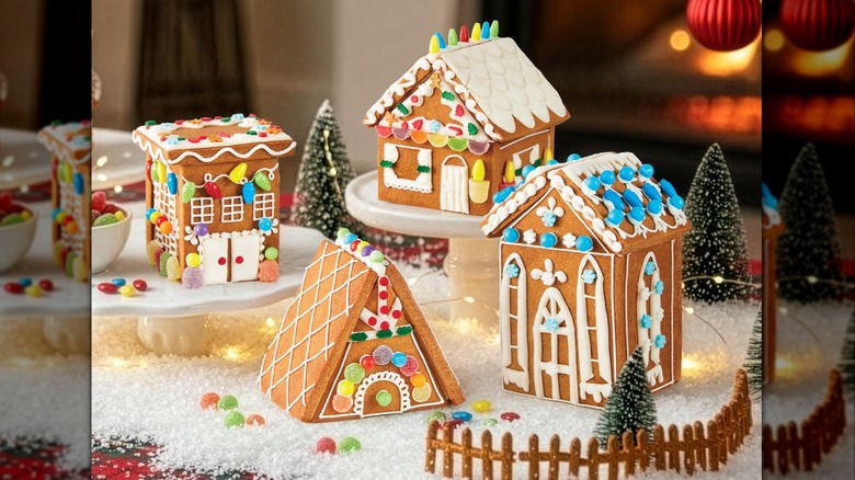 Four small and fully-decorated gingerbread houses