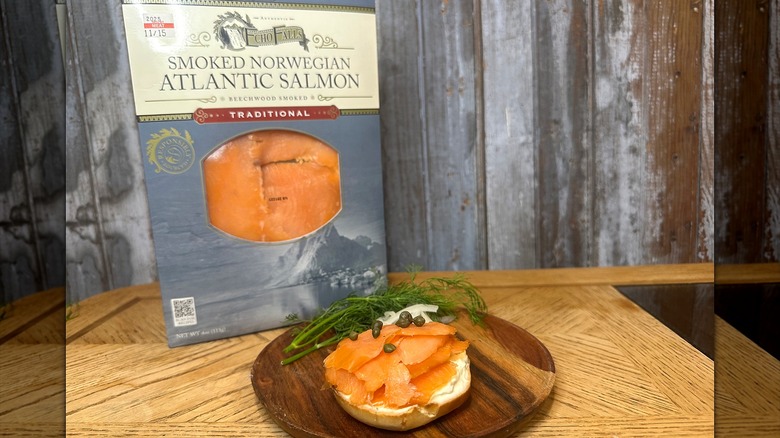 Echo Falls smoked salmon in packaging and on a plate