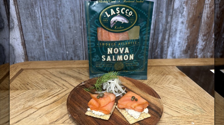 LASCco Smoked Atlantic Nova Salmon on a plate with crackers, capers, onions, and dill