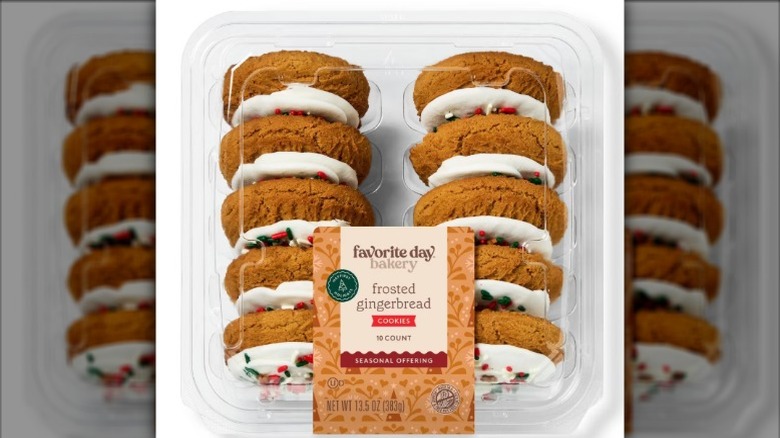A container of Favorite Day Bakery Frosted Gingerbread Cookies on a white background