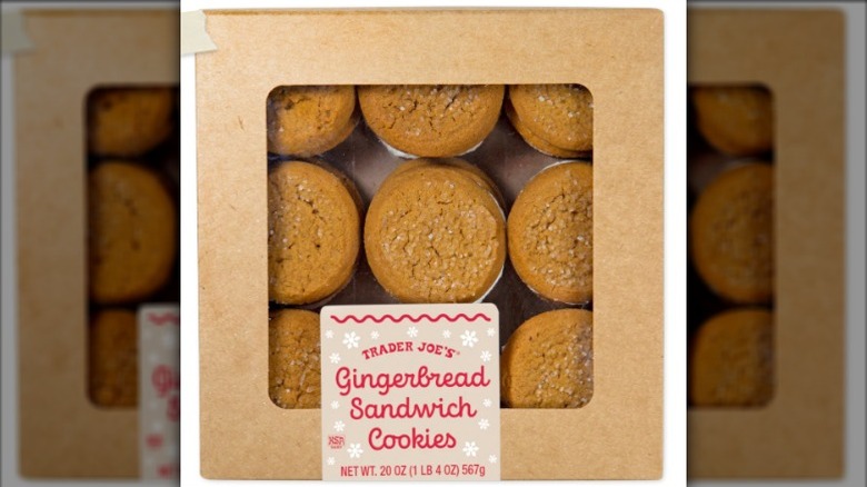 A box of Trader Joe's Gingerbread Sandwich Cookies on a white background