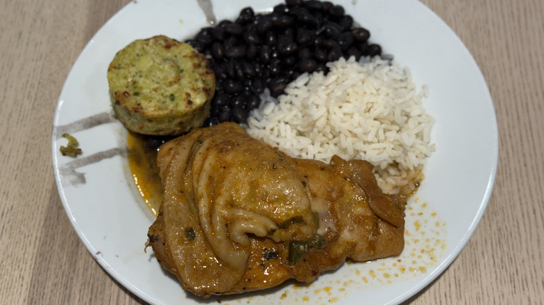 IKEA's chile verde chicken with rice and beans on a white plate