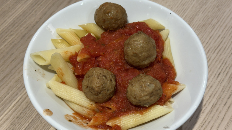 IKEA's pasta with meatballs on a white plate