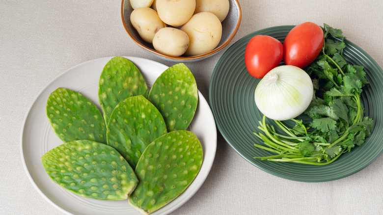 Raw cactus paddles and other vegetables