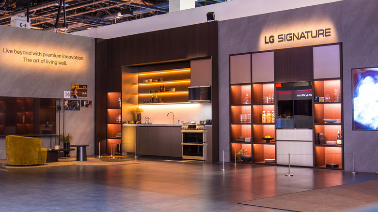 A display showcasing kitchen appliances by LG.
