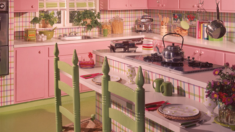 Pink and green 1980s kitchen