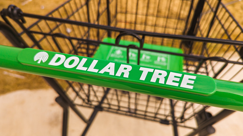 Shopping cart with Dollar Tree written across the handle