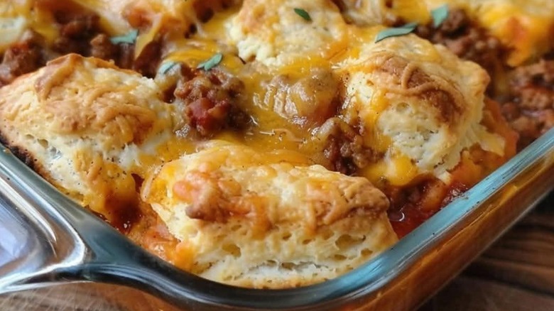 Sloppy Joe casserole with biscuit topping