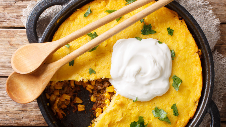 Tamale pie in iron skillet