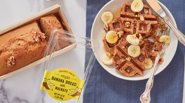 Vegan banana bread loaf and waffle with bananas