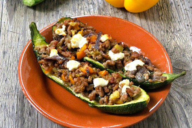 Stuffed Zucchini with Ground Pork, Goat Cheese, and Herbs Recipe