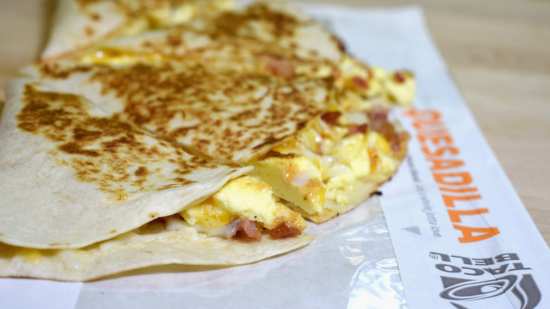 Closeup shot of breakfast quesadilla from Taco Bell