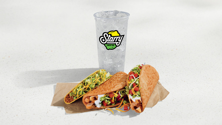 Two chicken chalupa supremes with a crunchy taco and Starry soda cup