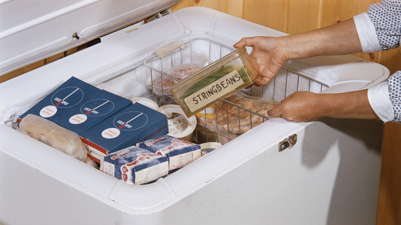 Hands remove a container of green beans from a vintage deep freezer