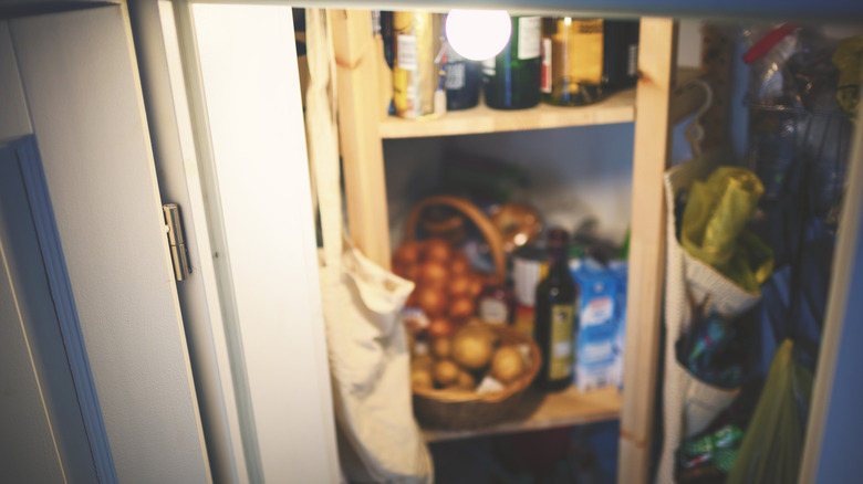 Open door revealing well-stocked pantry shelves