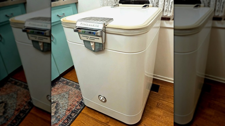 1950s KitchenAid top-loading portable dishwasher in a kitchen