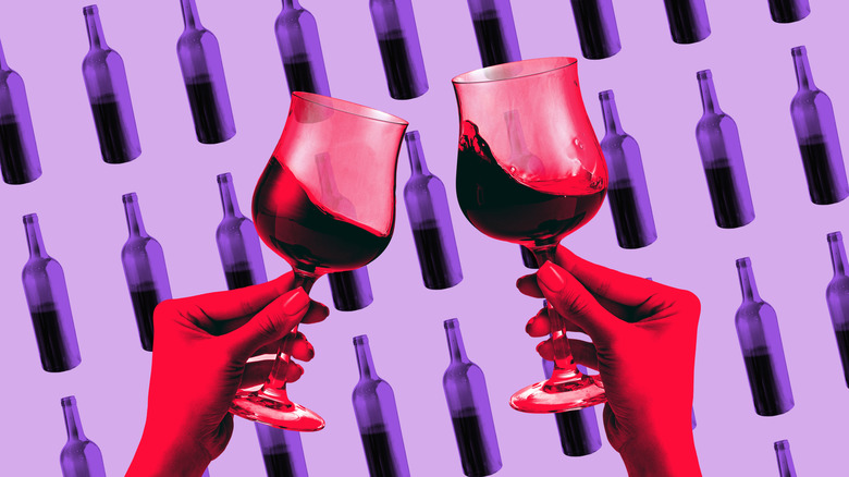 Collage of two hands holding glasses of red wine with bottle pattern behind them