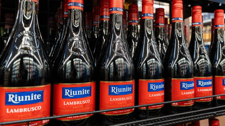 Bottles of Riunite Lambrusco on store shelf