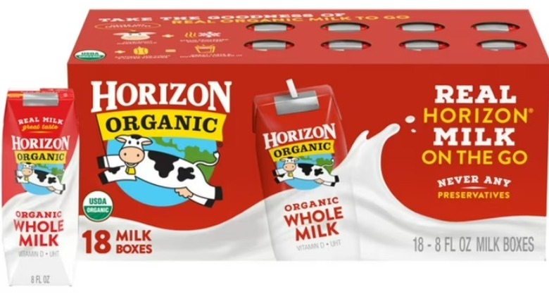 A box of Horizon Organic Whole Milk from Sam's Club next to an individually-sized carton of shelf-stable milk