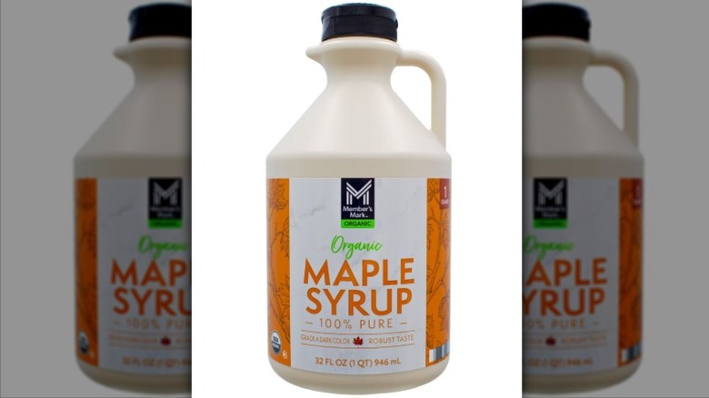 A bottle of Member's Mark Organic 100% Pure Maple Syrup from Sam's Club