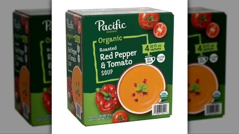 A box of Pacific Foods Organic Roasted Red Pepper and Tomato Soup from Sam's Club