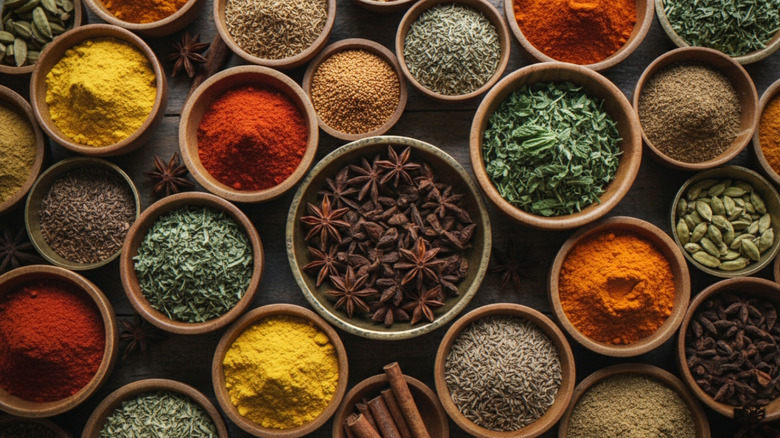 A selection of colorful spices in bowls on a table
