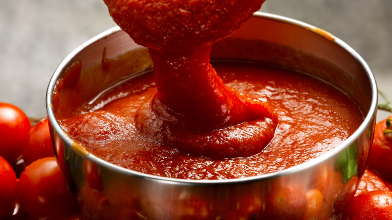 Marinara sauce in a silver bowl