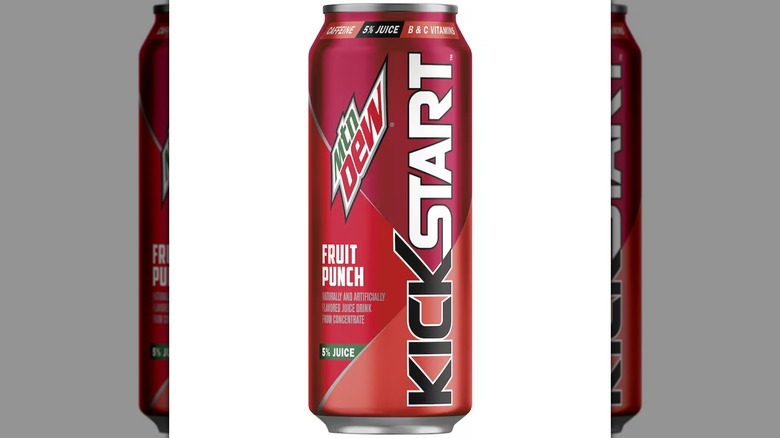 A can of fruit punch Mountain Dew Kickstart on a white background