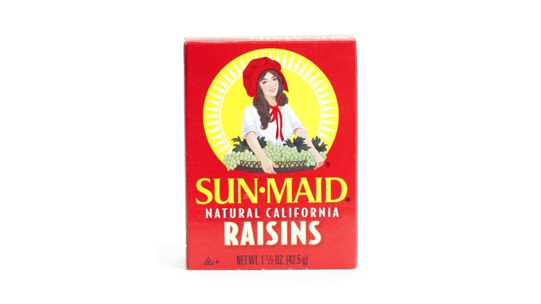 A small box of Sun-Maid Raisins containing 1.5 ounces of raisins on a white background