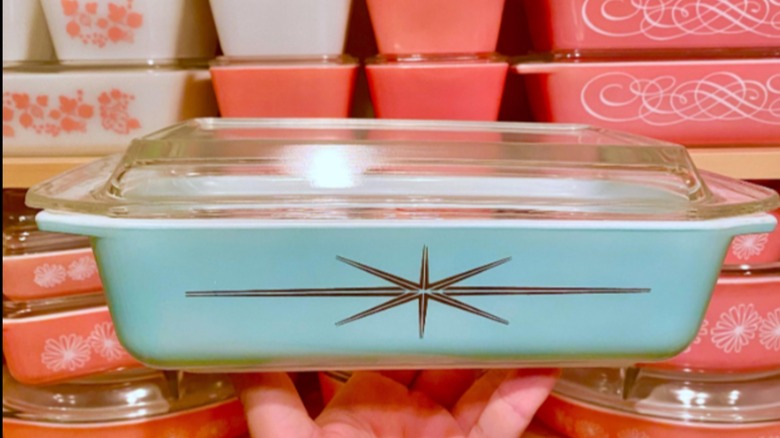 pyrex dish with turquoise golden starburst design